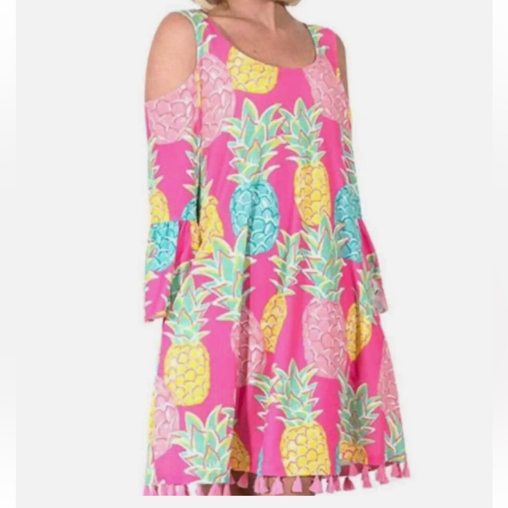 Simply Southern‎ Multicolored Cold Shoulder Pineapple Print Tassel Dress Size S